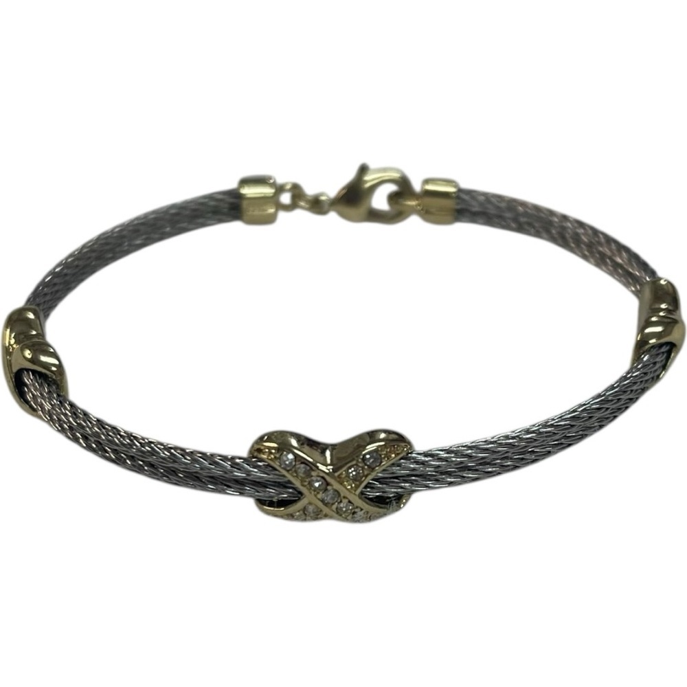 Double Row Cable Bracelet with X Pave Stations Silver Tone